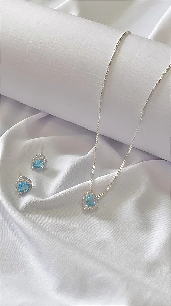 Conjunto em Prata 925 Ponto de Luz Azul – Colar + Brincos